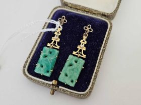 PAIR OF BOXED CHINESE 14ct & GREEN STONE EARRINGS