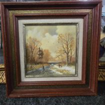 FRAMED OIL OF WINTER SCENE WITH SKATERS BY RAY CAMPBELL 10" X 10"