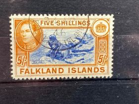 FALKLANDS - 1938 G6 5/- INDIGO / YELLOW BR F.