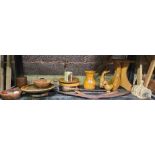 SHELF OF MISC TREEN ITEMS INCL; SMALL WOODEN CLUB, 2 BOOMERANGS,