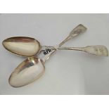 2 EXETER SILVER FIDDLE PATTERN TABLE SPOONS, 1824 & 1825 BY GT & SL,