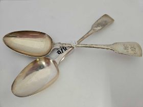2 EXETER SILVER FIDDLE PATTERN TABLE SPOONS, 1824 & 1825 BY GT & SL,