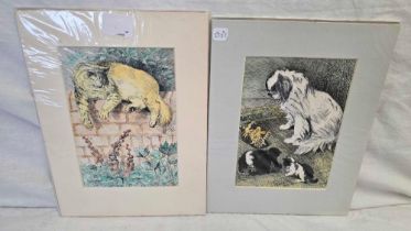 LOUIS WAIN. 2 HAND COLOURED PRINTS OF CATS AND DOGS CIRCA 1910.