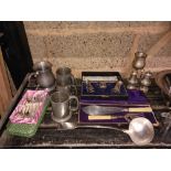 SHELF OF MISC PEWTER & PLATED METALWARE INCL; TEA POTS, GOBLETS, TANKARDS,