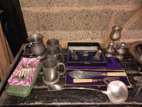 SHELF OF MISC PEWTER & PLATED METALWARE INCL; TEA POTS, GOBLETS, TANKARDS,