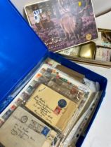 PLASTIC BOX & TON OF COVERS, STAMPS ON SHEETS, PACKETS, LOOSE ETC,