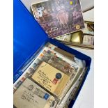 PLASTIC BOX & TON OF COVERS, STAMPS ON SHEETS, PACKETS, LOOSE ETC,