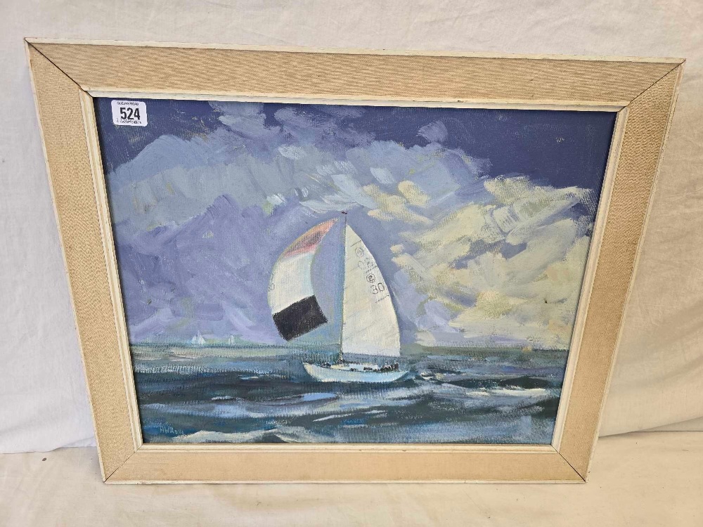 OIL PAINTING ON CANVAS OF A YACHT IN FULL SAIL, INDISTINCTLY SIGNED,