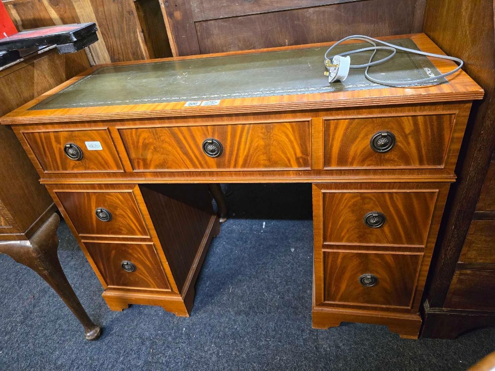 DYNATRON MUSIC CENTRE WITH SPEAKERS IN THE FORM OF A YEW WOOD KNEEHOLE DESK WITH LEATHER TOP