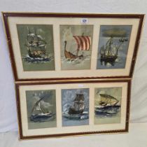SET OF 6 COLOUR PRINTS IN TWO FRAMES, THE EARLY NAVIGATORS BY DAVID COBB ROI,