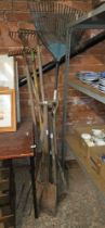 QTY OF MISC GARDENING TOOLS, INCL; FORKS, SPADES,