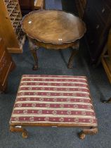 WALNUT OCCASIONAL TABLE ON BALL & CLAW FEET & A DRESSING TABLE STOOL ON QUEEN ANNE STYLE LEGS