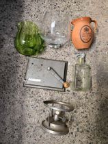 CARTON WITH GREEN GLASS JUG, TERRACOTTA FRUIT JUICE JUG, A DECANTER, PRESENTATION GLASS BOWL,