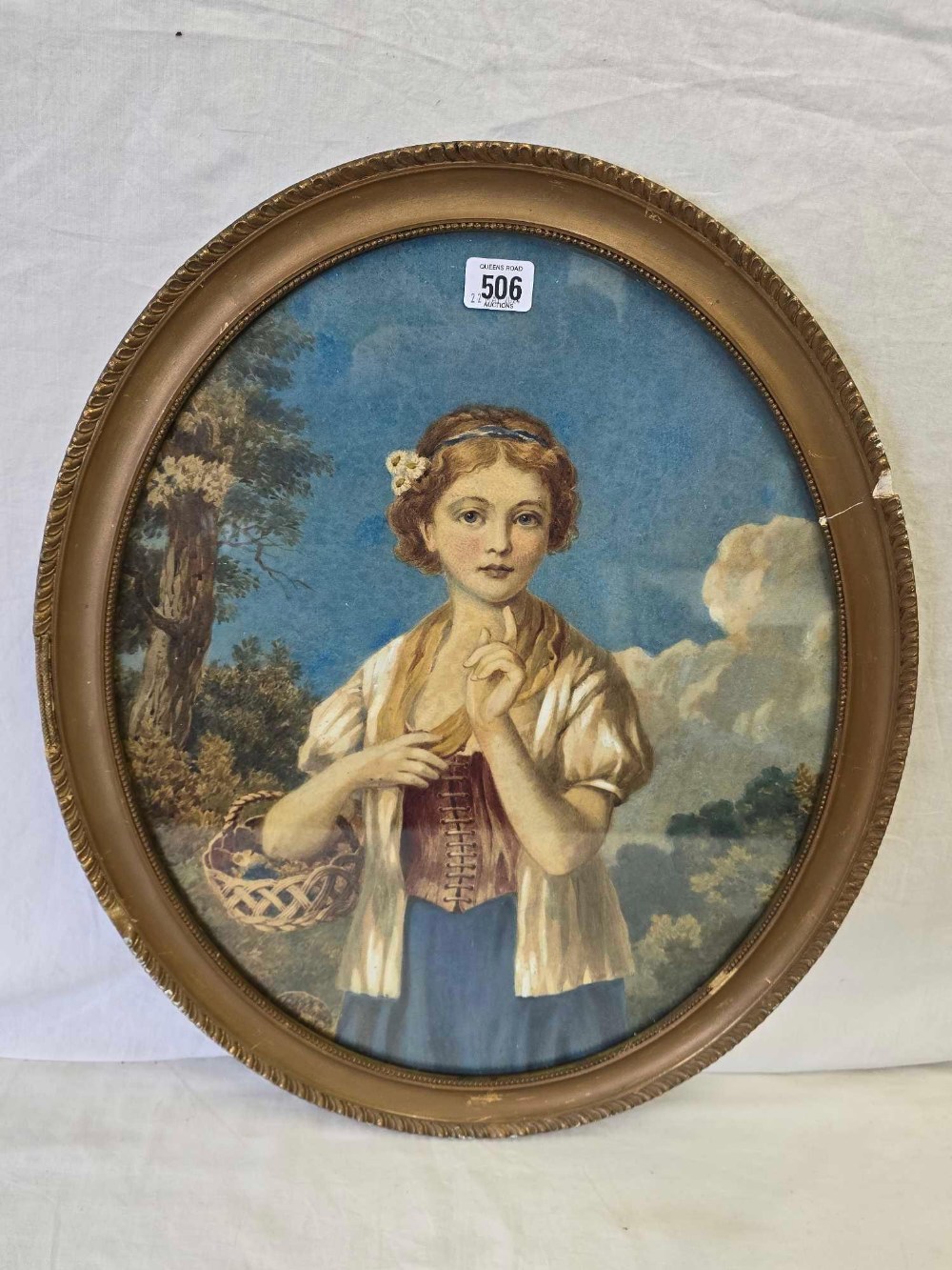 ENGLISH SCHOOL; OVAL PORTRAIT OF A YOUNG WOMAN WITH A BASKET OF FLOWERS, INDISTINCTLY SIGNED,