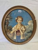 ENGLISH SCHOOL; OVAL PORTRAIT OF A YOUNG WOMAN WITH A BASKET OF FLOWERS, INDISTINCTLY SIGNED,