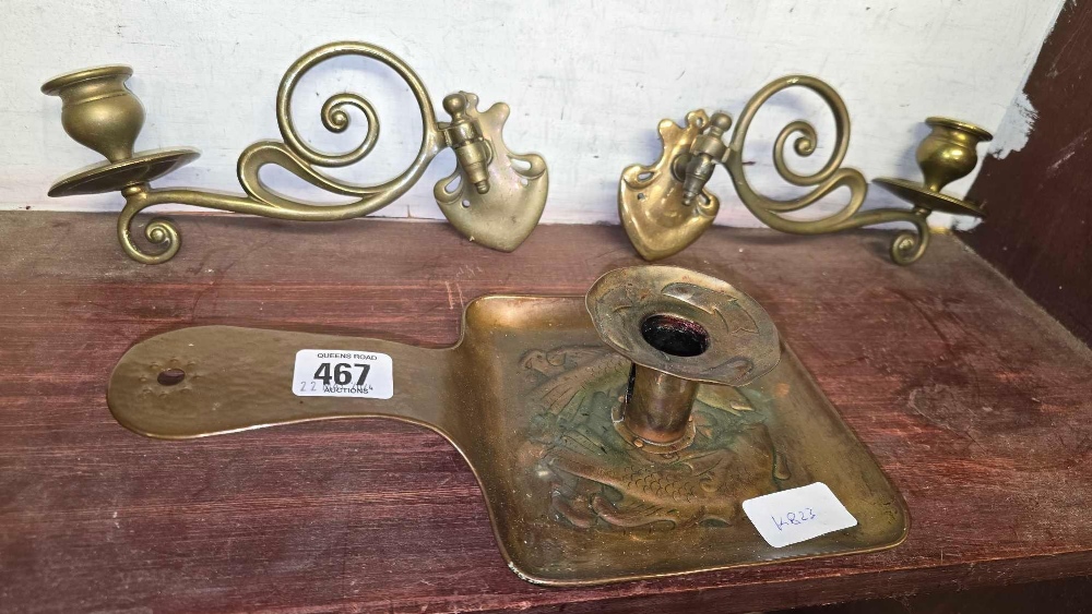 PAIR OF BRASS PIANO SCONCES & AS NEWLYN COPPER CANDLE STICK HOLDER