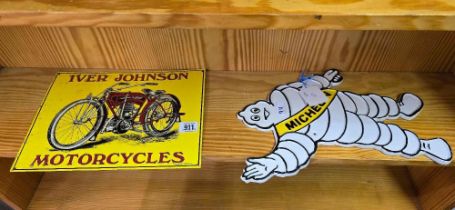 MICHELIN CAST IRON METAL SIGN & A REPRO IVER JOHNSON MOTOR CYCLE METAL SIGN