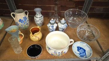 SHELF OF MISC CHINA INCL; JUGS, CHAMBER POT,