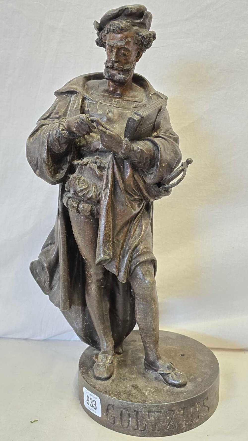 SPELTER FIGURE OF A MAN MARKED GOLTZIUS APPROX 17" TALL