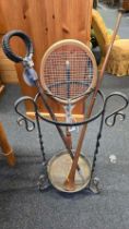VINTAGE WROUGHT IRON & BRASS UMBRELLA STICK STAND WITH SHOOTING STICK,
