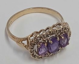 9ct 3 STONE AMETHYST & DIAMOND CLUSTER RING, SIZE 'N' 2.