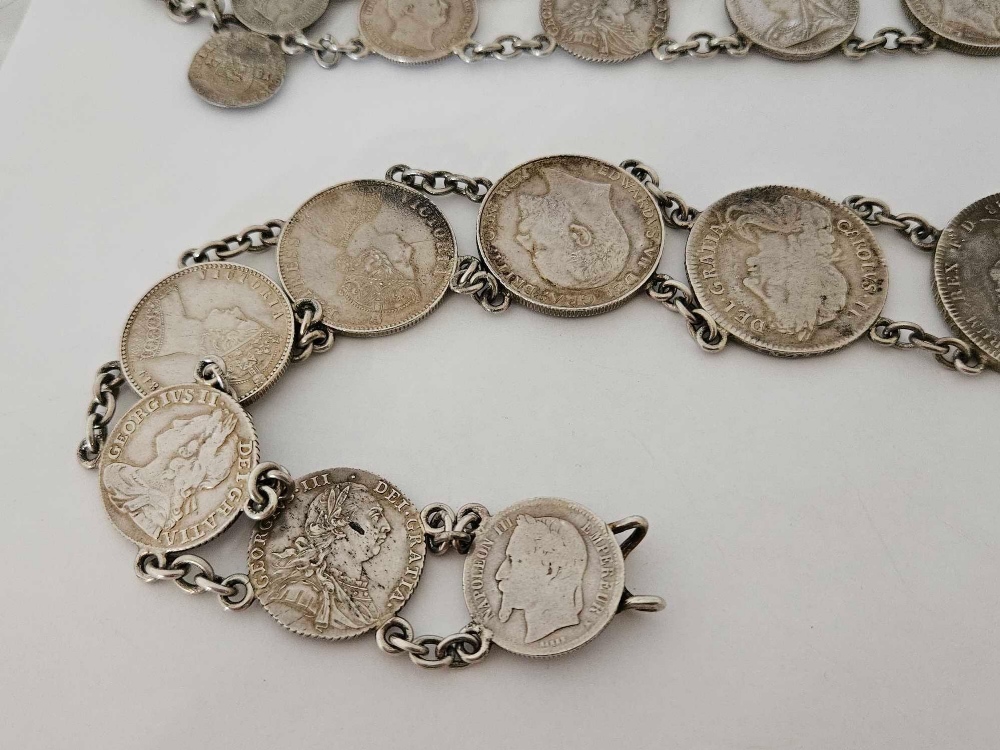 A SILVER COIN BELT 27” LONG - TOTAL OF 19 COINS INCLUDING A 1706 ANNE CROWN, 1818 GEORGE III CROWN, - Image 3 of 5