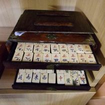 OAK BOX WITH BRASS CORNERS & DRAWERS WITH MAHJONG PIECES IN THE DRAWER
