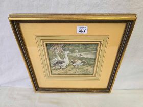 WATERCOLOUR OF GEESE GRAZING AT THE SIDE OF A RIVER INDISTINCTLY SIGNED & DATED JUNE 4 1905,