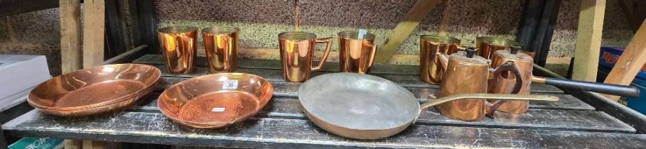 SHELF OF MISC COPPER MUGS & OTHER METALWARE BY MITCHELL ROSE OF RHODESIA