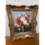 GILT FRAMED OIL / CANVAS STILL LIFE ROSES,