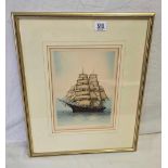 A COLOURED PENCIL SIGNED ETCHING OF A THREE MASTED SAILING VESSEL, THE CUTTY SARK,