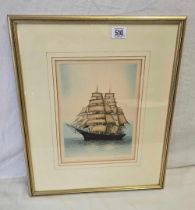 A COLOURED PENCIL SIGNED ETCHING OF A THREE MASTED SAILING VESSEL, THE CUTTY SARK,