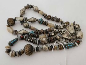 ORNATE TRIBAL STYLE BEAD & STONE SET TRIPLE ROW NECKLACE