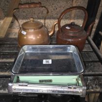 1 COPPER & 1 ENAMEL KETTLE & A GREEN VINTAGE TOWER WEIGHT SCALE