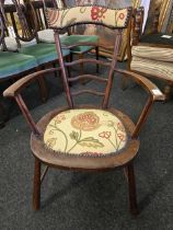 SMALL WOODEN & UPHOLSTERED ELBOW CHAIR