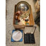 CARTON WITH ROUND CONVEX MIRROR, MARBLES, ROYAL DOULTON PLATE,