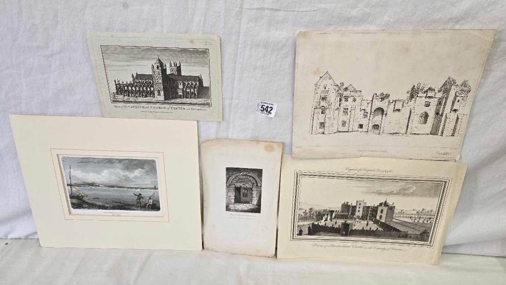 FOLDER OF 4 ANTIQUE ENGRAVINGS OF LOCAL VIEWS: EXETER CATHEDRAL, POWDERHAM CASTLE,