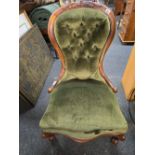 ANTIQUE BUTTON BACK GREEN VELVET FIRESIDE CHAIR