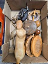 2 CARTONS OF MISC ITEMS OF TREEN INCL; CANDLESTICKS, ANIMAL FIGURES,