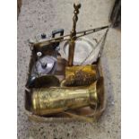 CARTON WITH MISC BRASS WARE & PLATED TEA POTS,