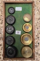 9 BRASS & CAST IRON SCALE WEIGHTS WITH TRAY