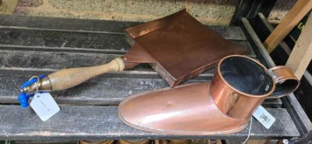 COPPER SCOOP OR SHOVEL WITH WOODEN HANDLE & A VINTAGE COPPER BOOT ALE WARMER