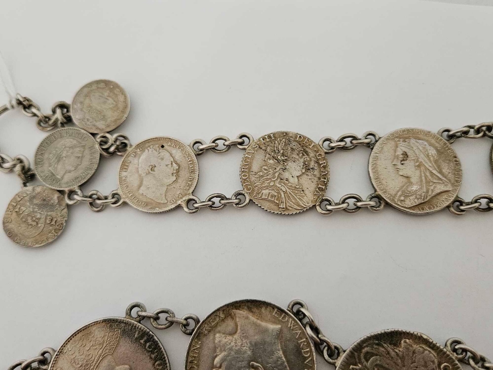 A SILVER COIN BELT 27” LONG - TOTAL OF 19 COINS INCLUDING A 1706 ANNE CROWN, 1818 GEORGE III CROWN, - Image 4 of 5