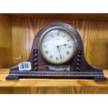 SMALL OAK DOMED MANTEL PIECE CLOCK WITH PRESENTATION PLATE