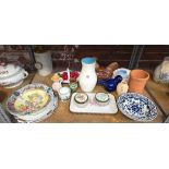 SHELF OF MISC CHINA INCL; STONE GLAZED WATER BOTTLE,EGG CROCK, BRENTLEIGH WARE,