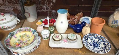 SHELF OF MISC CHINA INCL; STONE GLAZED WATER BOTTLE,EGG CROCK, BRENTLEIGH WARE,