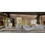 SHELF OF MISC DECANTERS & CRYSTAL BOWLS