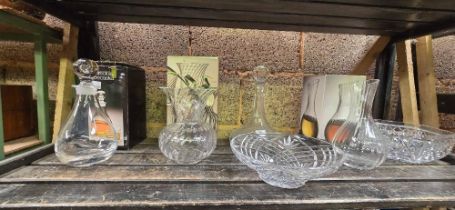 SHELF OF MISC DECANTERS & CRYSTAL BOWLS
