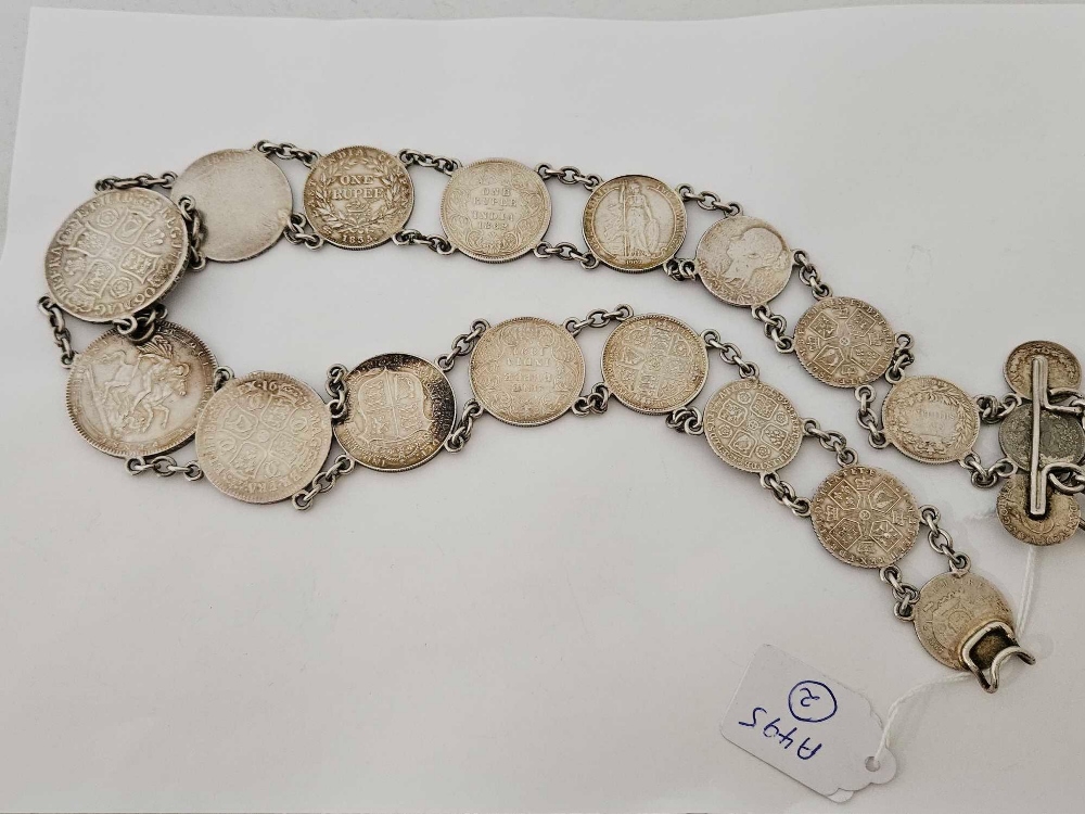 A SILVER COIN BELT 27” LONG - TOTAL OF 19 COINS INCLUDING A 1706 ANNE CROWN, 1818 GEORGE III CROWN, - Image 5 of 5