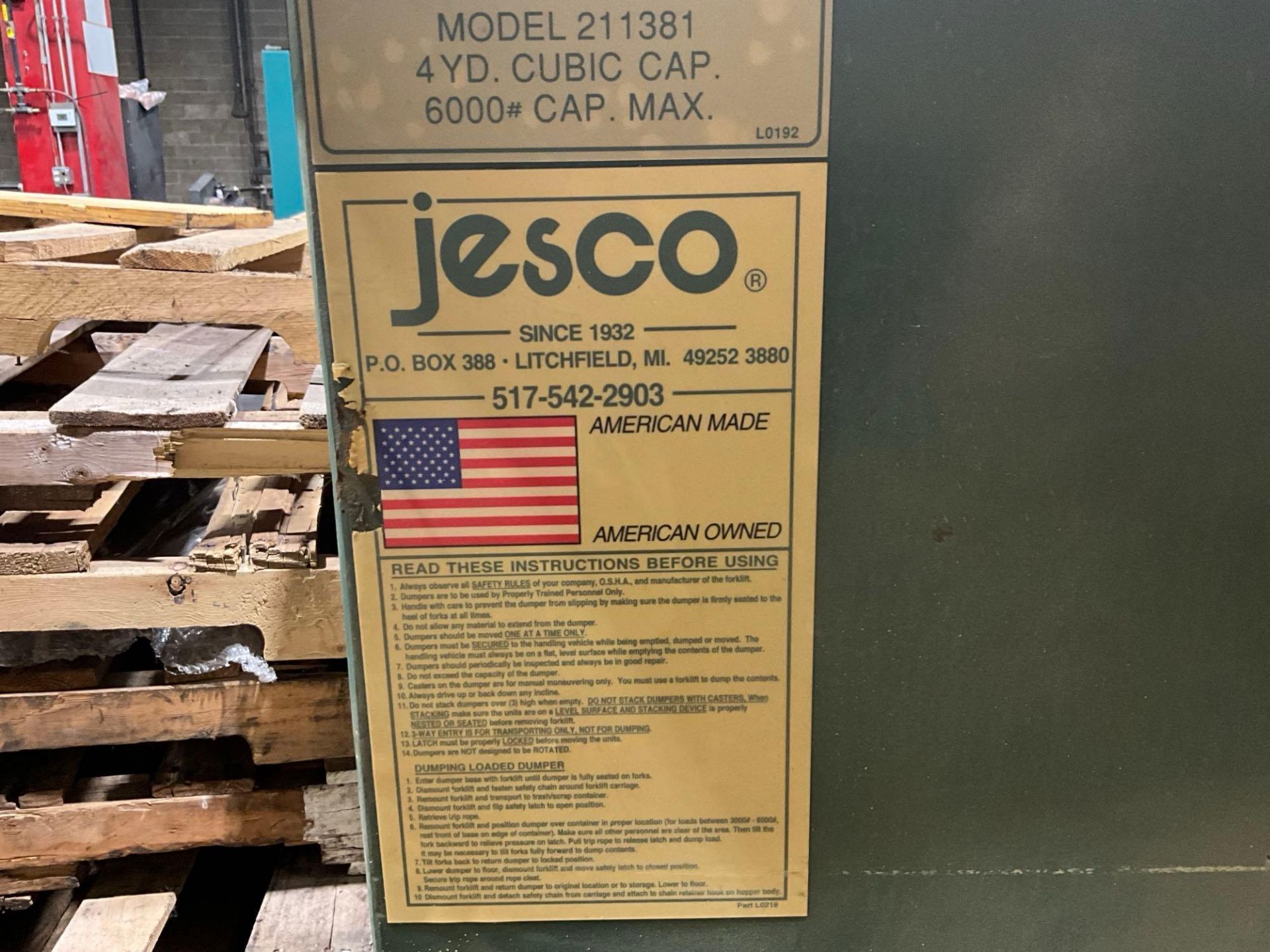 STEEL DUMP BIN SCRAP NOT INCLUDED. JESCO BRAND. MODEL 211381. 4 YD.³ CAPACITY. 6000 POUND MAX CAPACI - Image 5 of 5